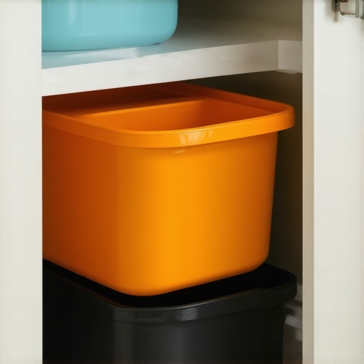 Plastic stackable storage bins filled with Dutch ovens in a kitchen cabinet