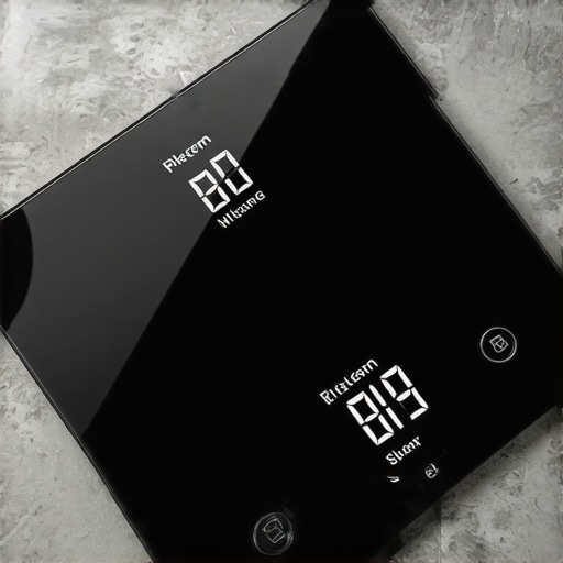 Modern digital kitchen scale with illuminated display in a contemporary kitchen.