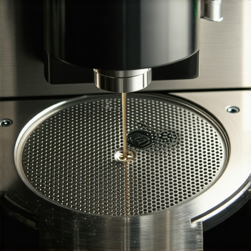 Close-up view of UltraBrewer Pro Puck Shield installed on an espresso machine, showing its perforated surface.