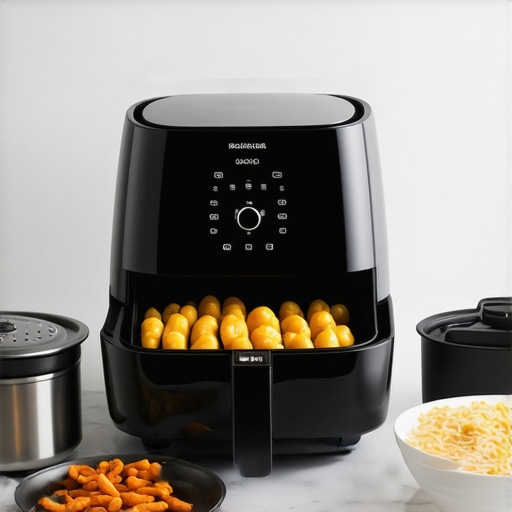 Modern multi-function air fryer with attachments on a kitchen counter