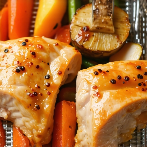 Stainless steel roasting basket filled with roasted chicken and vegetables in oven.