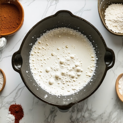 Heavy-duty vitreous cast iron mixing bowl on kitchen counter with baking ingredients.