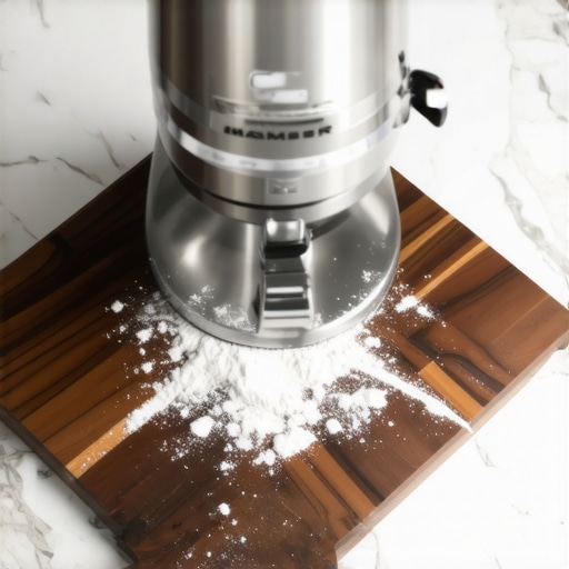 A professional acacia wood pastry board placed under a stand mixer to dampen vibration and provide a stable kneading surface.