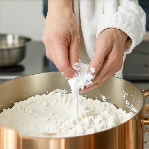 A close-up shot showing the application of a homemade cleaning paste on a copper saucepan.