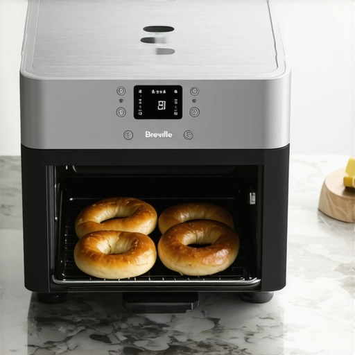 Breville Smart Oven Air Fryer Pro Toasting Bagels A luxury Breville air fryer oven displaying perfectly browned bagels on a marble counter.