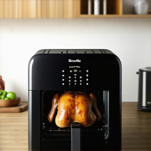 High-end Breville Smart Oven Air Fryer Pro displaying a perfectly cooked golden chicken inside its glass door.