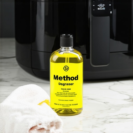 A bottle of Method Heavy Duty Degreaser on a marble kitchen island near an air fryer.