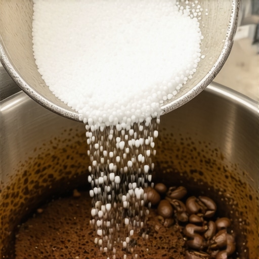 Close up of Urnex Grindz tablets being poured into a grinder hopper to fix squealing noise.