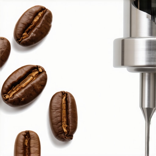 Close up of oily dark roast coffee beans next to stainless steel grinder burrs