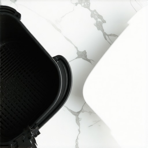 Close up of a traditional peeling air fryer basket and a durable ceramic replacement basket