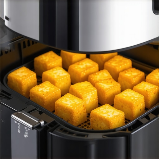 Crispy Tofu in Steam Convection Air Fryer Crispy golden tofu cubes inside a modern steam hybrid air fryer basket