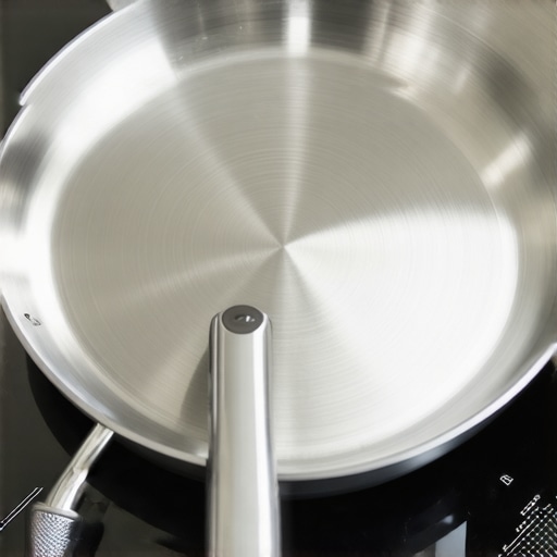 A premium French-made carbon steel skillet with a stainless steel handle on a cooktop.