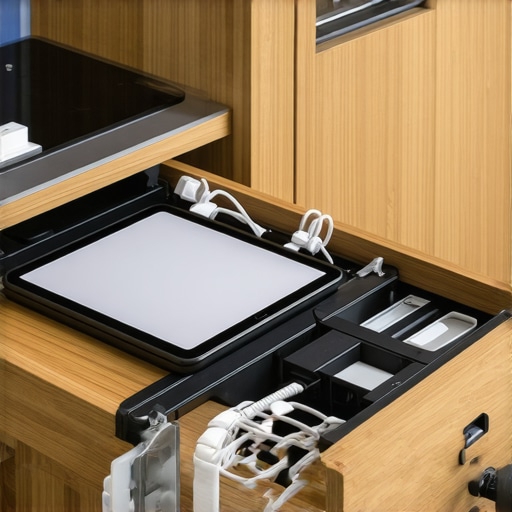 A hidden in-drawer charging station showing organized tablet and phone charging.