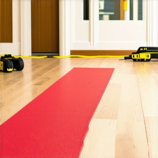 A heavy-duty red neoprene runner protecting a hardwood floor during a kitchen remodel.