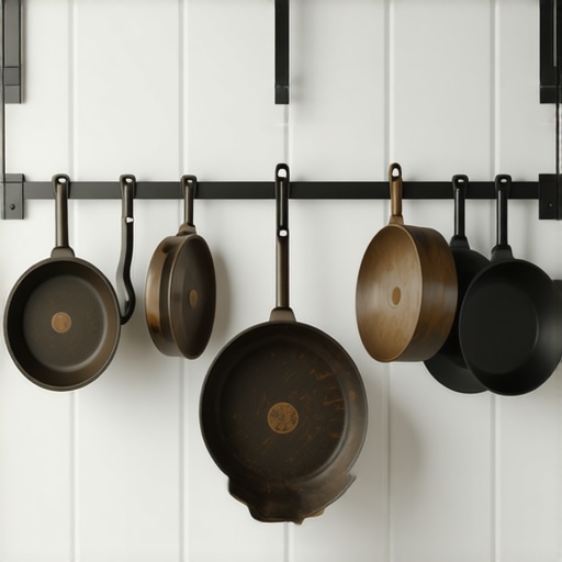 Enclume Deep Bookshelf Pot Rack for Cast Iron Storage A heavy-duty wall-mounted pot rack holding cast iron skillets in a luxury kitchen.