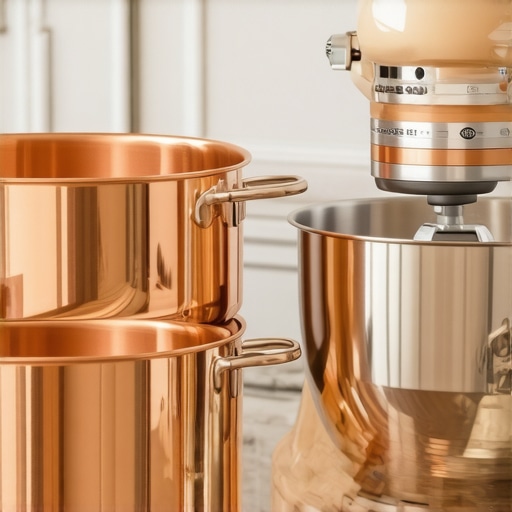 Detailed view of premium copper pan and stand mixer internals representing build quality.
