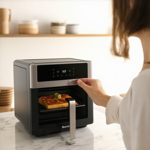 Ergonomic Countertop Oven Placement High-end kitchen with a countertop oven placed at the ideal height for back health.