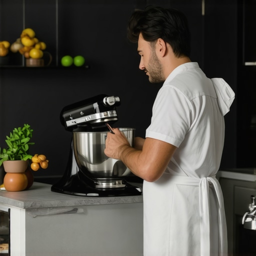 Tall person using an ergonomic stand mixer in a luxury kitchen setting