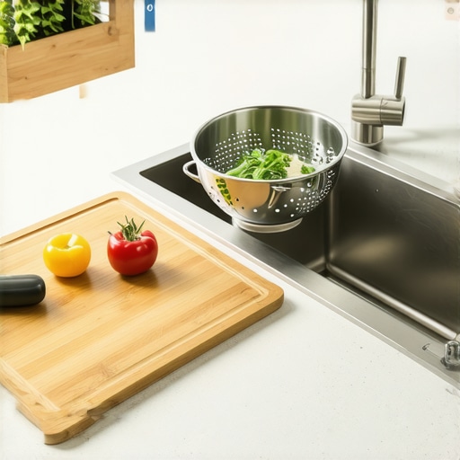 A Ruvati workstation sink featuring a ledge-supported cutting board for better kitchen ergonomics.