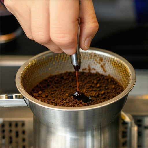 A barista using a Weiss Distribution Technique tool to declump coffee grounds in a portafilter.