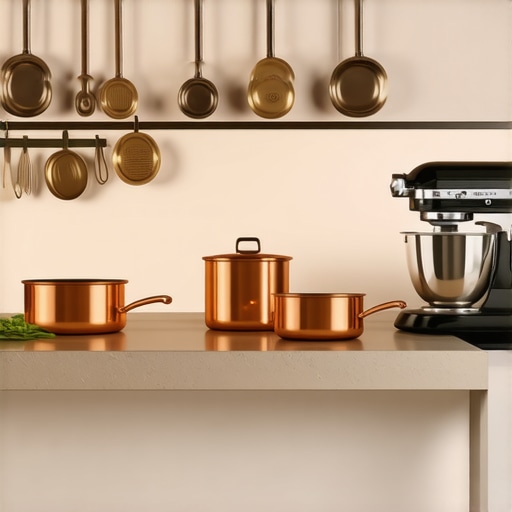 A collection of high-end kitchen equipment including professional cookware and luxury appliances on a marble countertop.