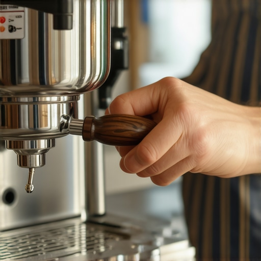 High-end stainless steel bottomless portafilter with a walnut handle being inspected for quality.