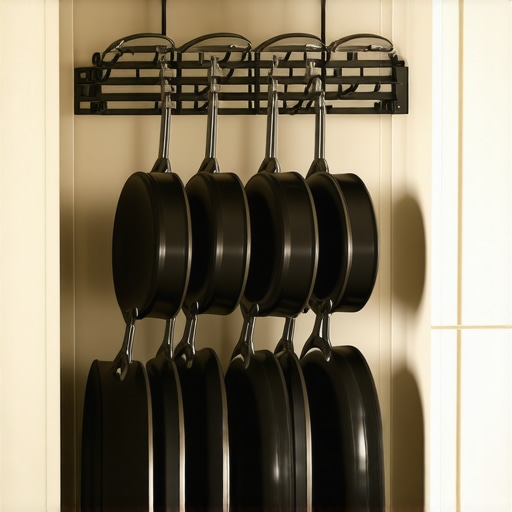 Heavy-Duty Vertical Pan Organizer for Cast Iron A sturdy black metal rack holding multiple cast iron pans vertically to prevent scratches.