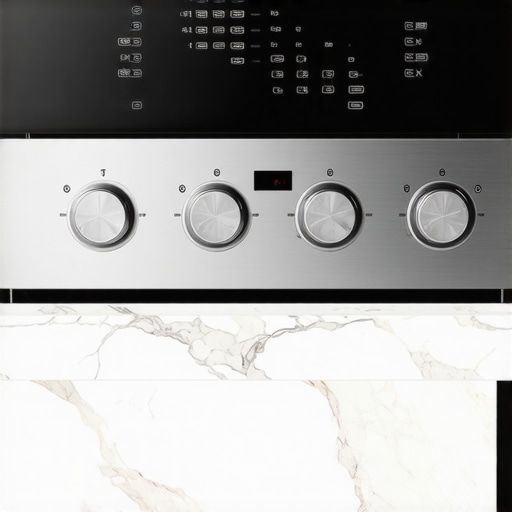 High-End Appliance Construction Detail Close-up of premium brushed stainless steel appliance with professional control knobs.