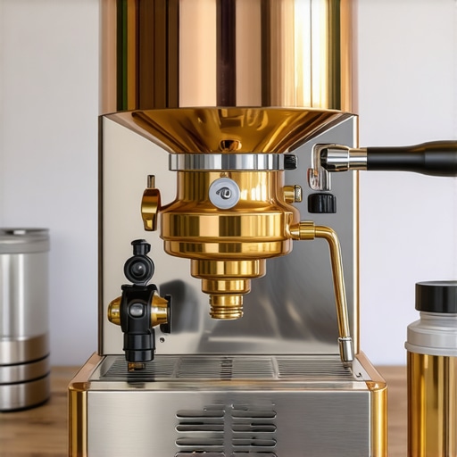 Close-up of brass and copper internal components showing the build quality of a luxury espresso machine.