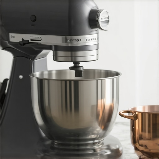 Close-up of a luxury stand mixer and copper cookware emphasizing durable materials