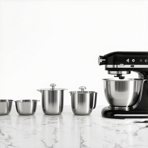 A collection of professional kitchen tools including a stand mixer and espresso machine on a luxury countertop.