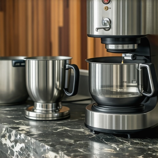 Close-up of a professional espresso machine and stand mixer on a luxury granite countertop.