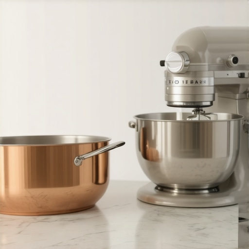 Close-up of premium copper cookware and professional-grade stand mixer on a kitchen island.