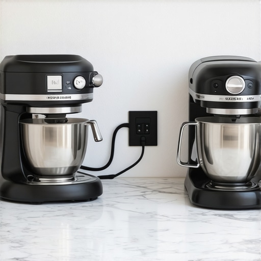 A luxury kitchen featuring a professional espresso machine and stand mixer highlighting the importance of electrical compatibility.