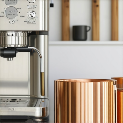 High-End Kitchen Investment Selection A professional espresso machine and premium cookware on a luxury kitchen island.