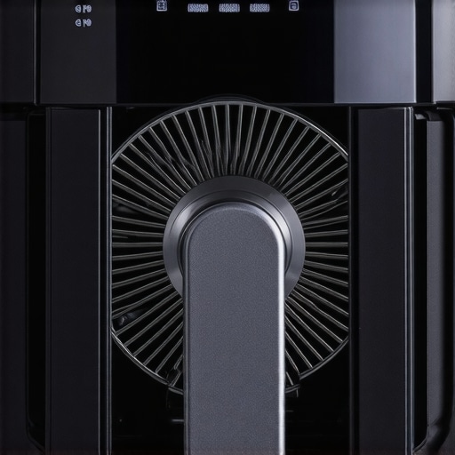 High-Velocity Airflow Engineering inside Premium Air Fryer Close-up of the metal heating element and fan system inside a luxury air fryer.