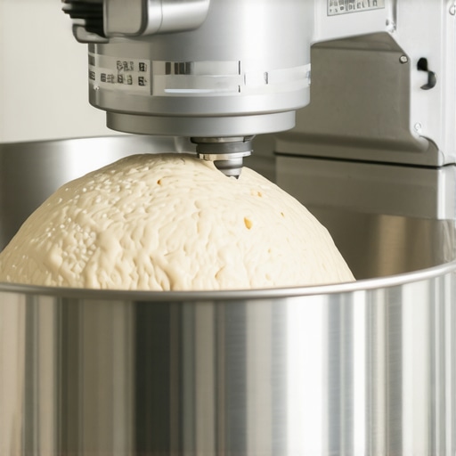 Close-up of a heavy-duty Hobart N50 mixer kneading dense bread dough.