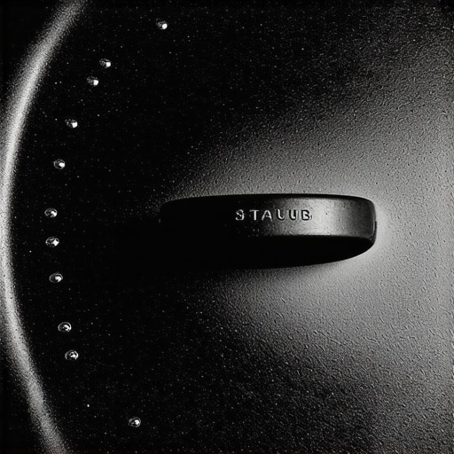 Innovative Self-Basting Lid Spikes on a Staub Cocotte A macro view of the interior of a Staub Dutch oven lid highlighting the distribution spikes for moisture retention.