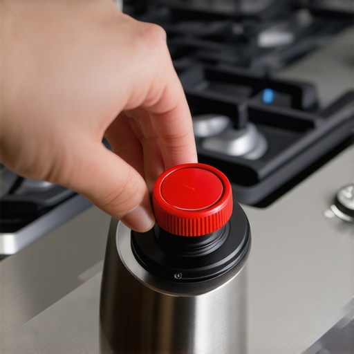 Hand adjusting a new red control knob on a luxury stainless steel gas stove.
