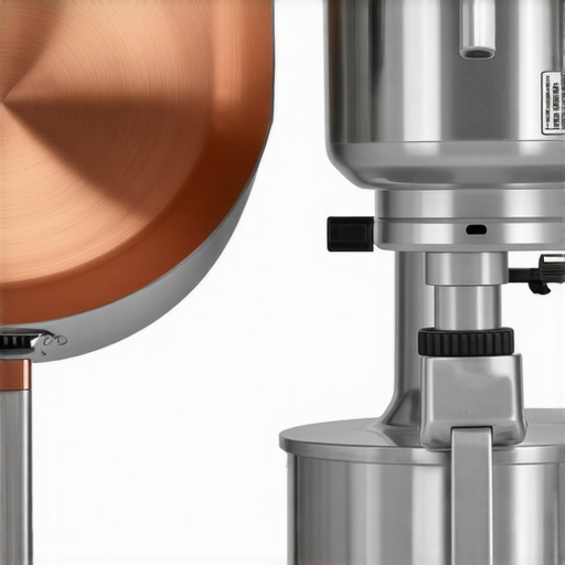 Close-up of copper cookware layers and metal mixer gears representing high-end kitchen durability.