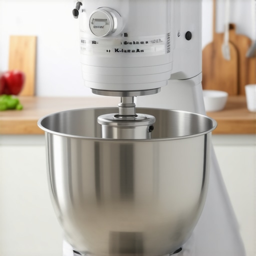 Close-up of a KitchenAid Artisan tilt-head stand mixer in a modern kitchen.