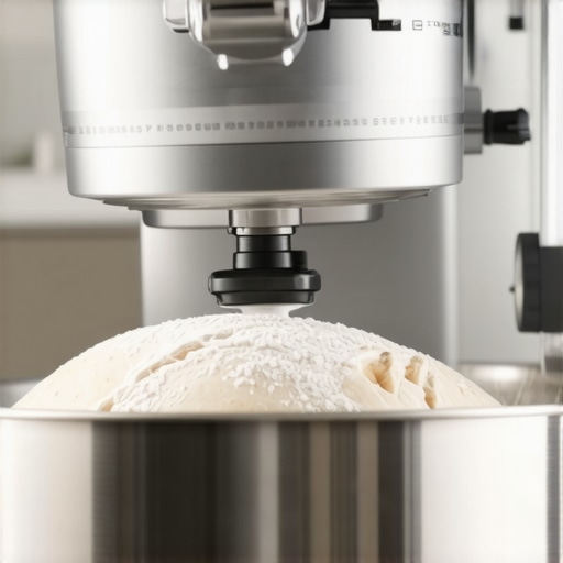 A KitchenAid Commercial stand mixer kneading heavy sourdough dough with a spiral hook