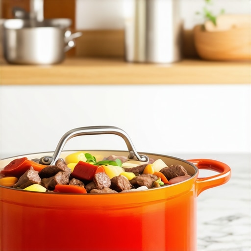 Le Creuset Signature Round Dutch Oven Review A classic orange enameled cast iron Dutch oven with steam rising on a luxury kitchen counter.
