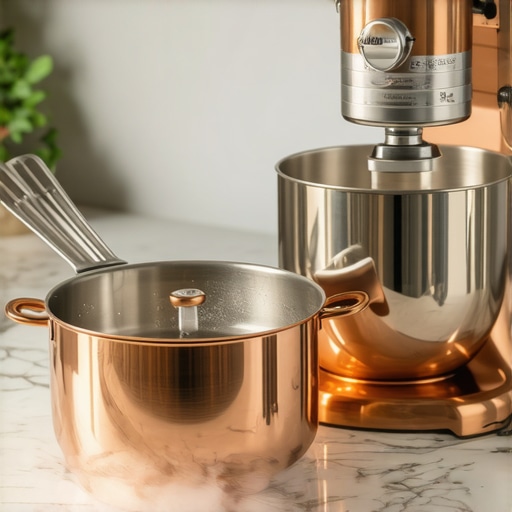 Luxury Kitchen Appliance and Cookware Selection A collection of high-end copper pans and professional kitchen appliances on a marble countertop.