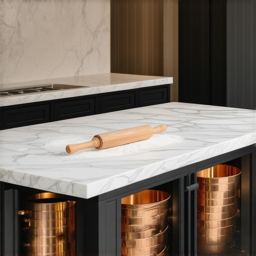 High-end marble-topped kitchen island designed for pastry preparation in a luxury home.