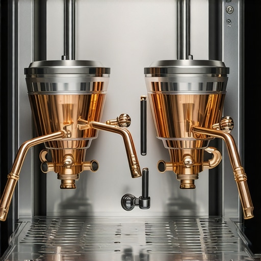 Detailed view of copper boilers and brass components in a professional-grade espresso machine for a luxury kitchen.