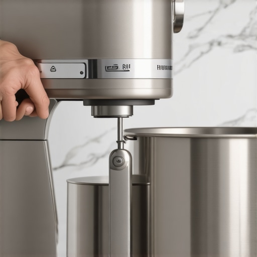 A close-up of a stand mixer locking lever being securely engaged on a premium kitchen appliance.