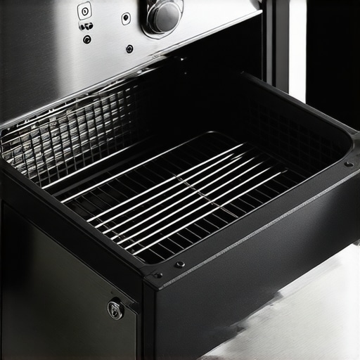 Detailed view of the smooth-glide metal rails on a high-end air fryer drawer to prevent sticking.