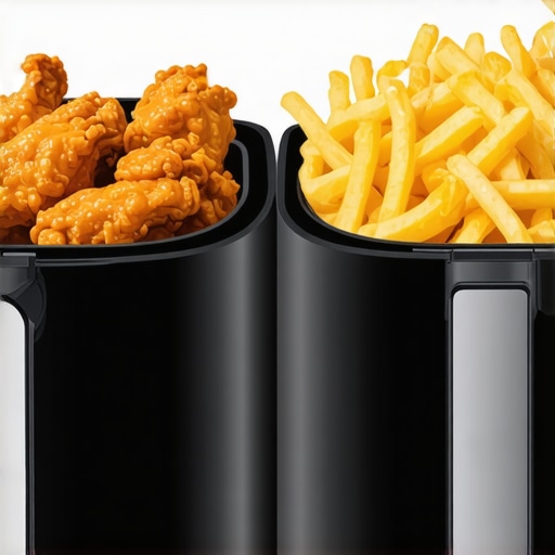 Comparison of two air fryer baskets with chicken and fries showing dual zone technology.