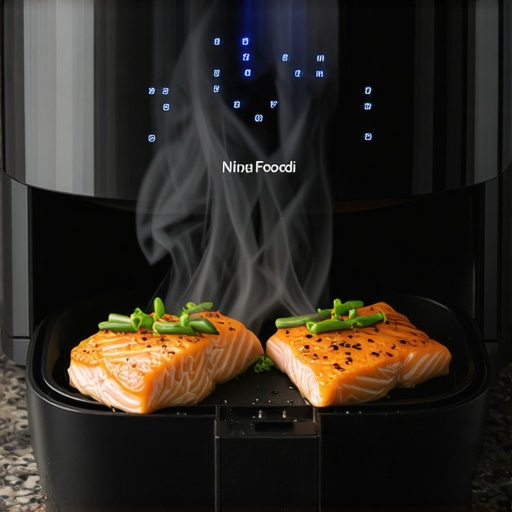 Ninja Foodi 6-in-1 air fryer displaying dual cooking zones for simultaneous meal preparation.
